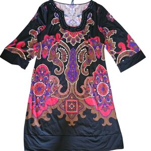 INC International Concepts Black and Purple Paisley Sleeve Dress 1X Plus Size